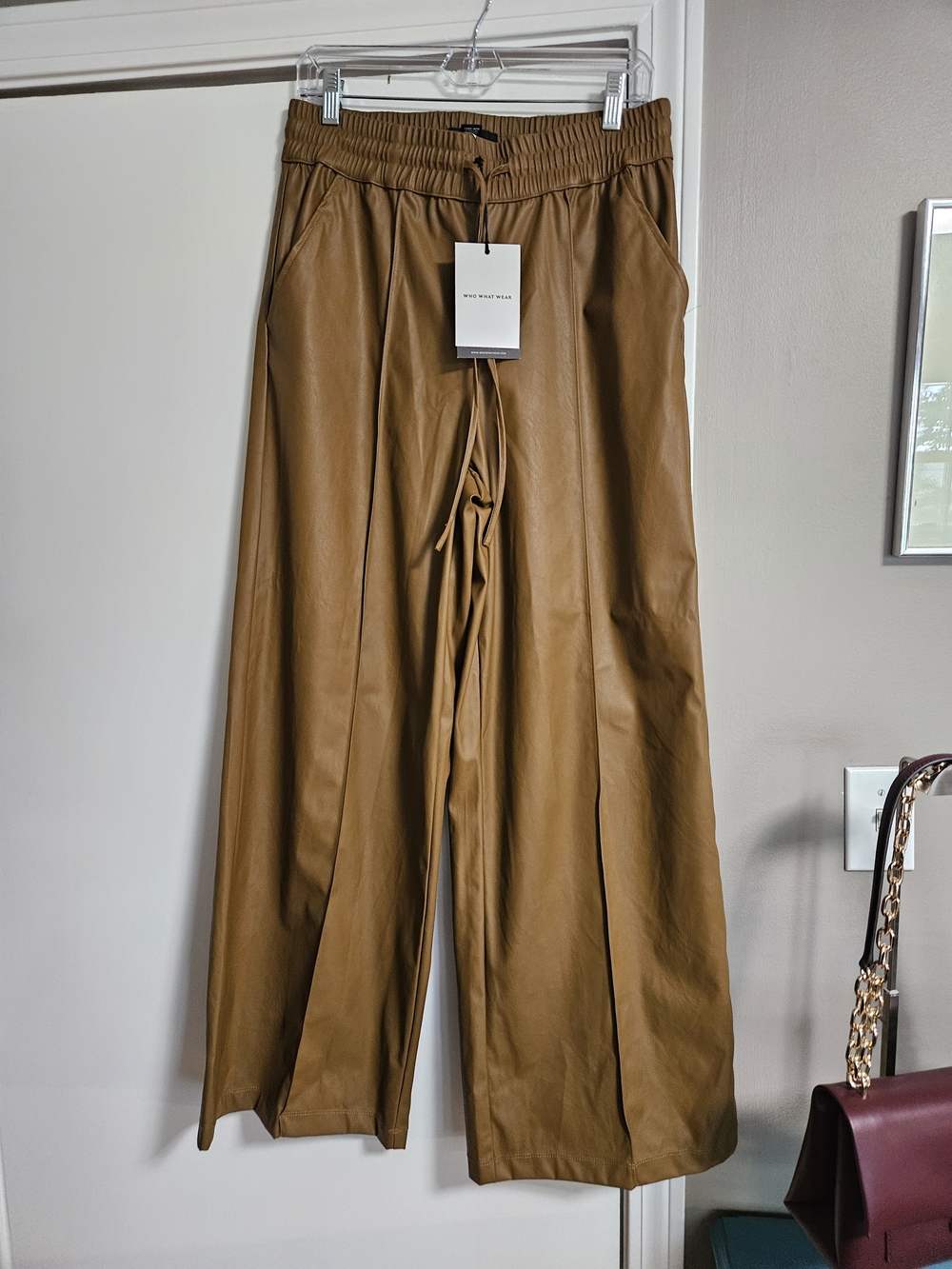 Who What Wear Wide-Leg Faux Leather Chinos in Camel Brown
